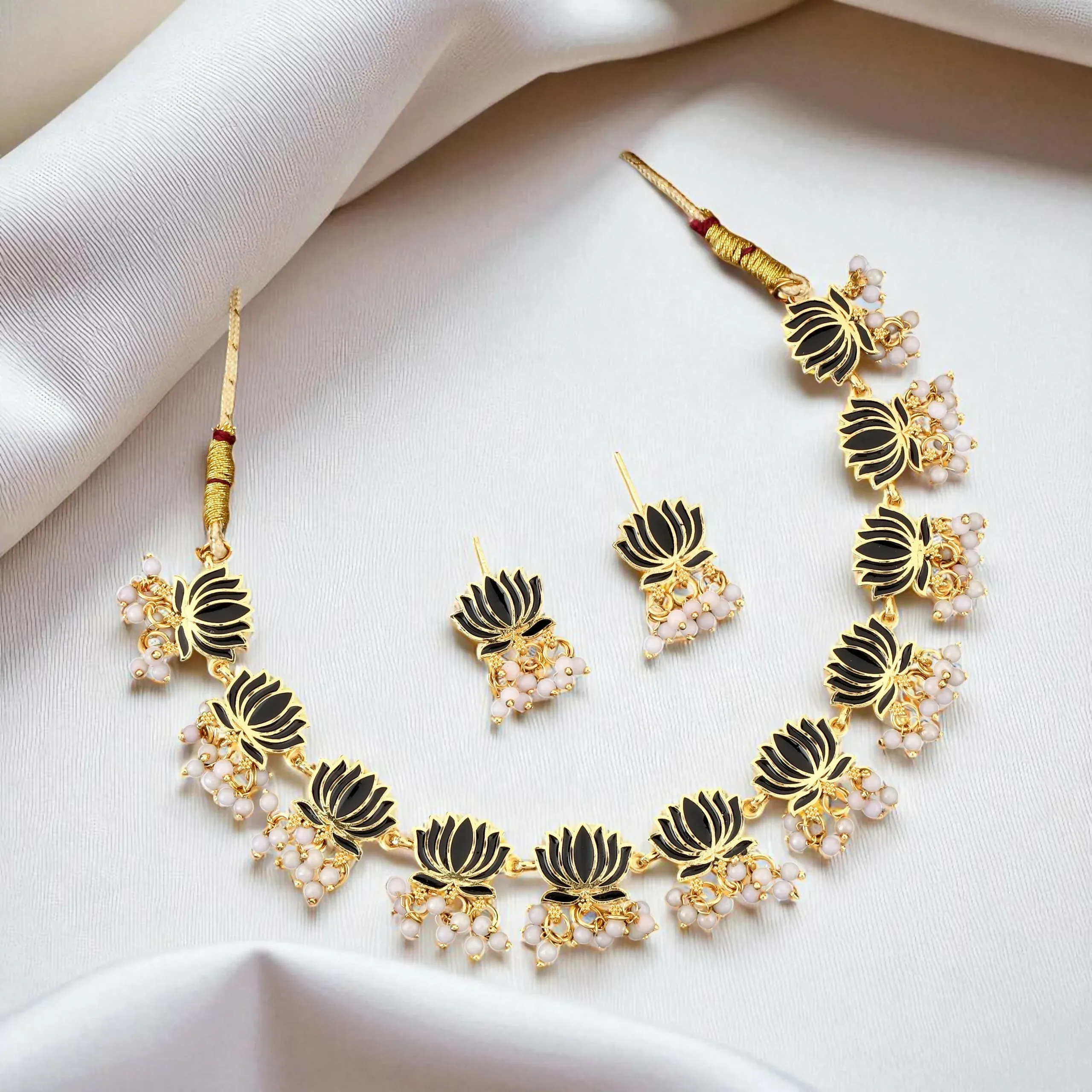 Pearl Cluster Choker Necklace – Elegant Gold-Toned Set - Detailed Feature View 2