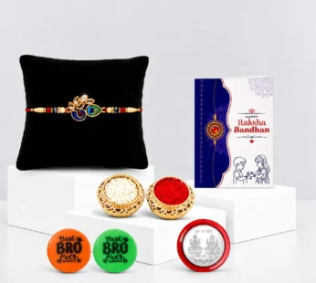 Rakhi Set for Brother (Set of 1) – Peahen Design Rakhi Combo with Roli Chawal, Silver Color Pooja Coin, Multicolour Magnets & Greeting Card – Traditional Raksha Bandhan Gift Hamper for Bhai