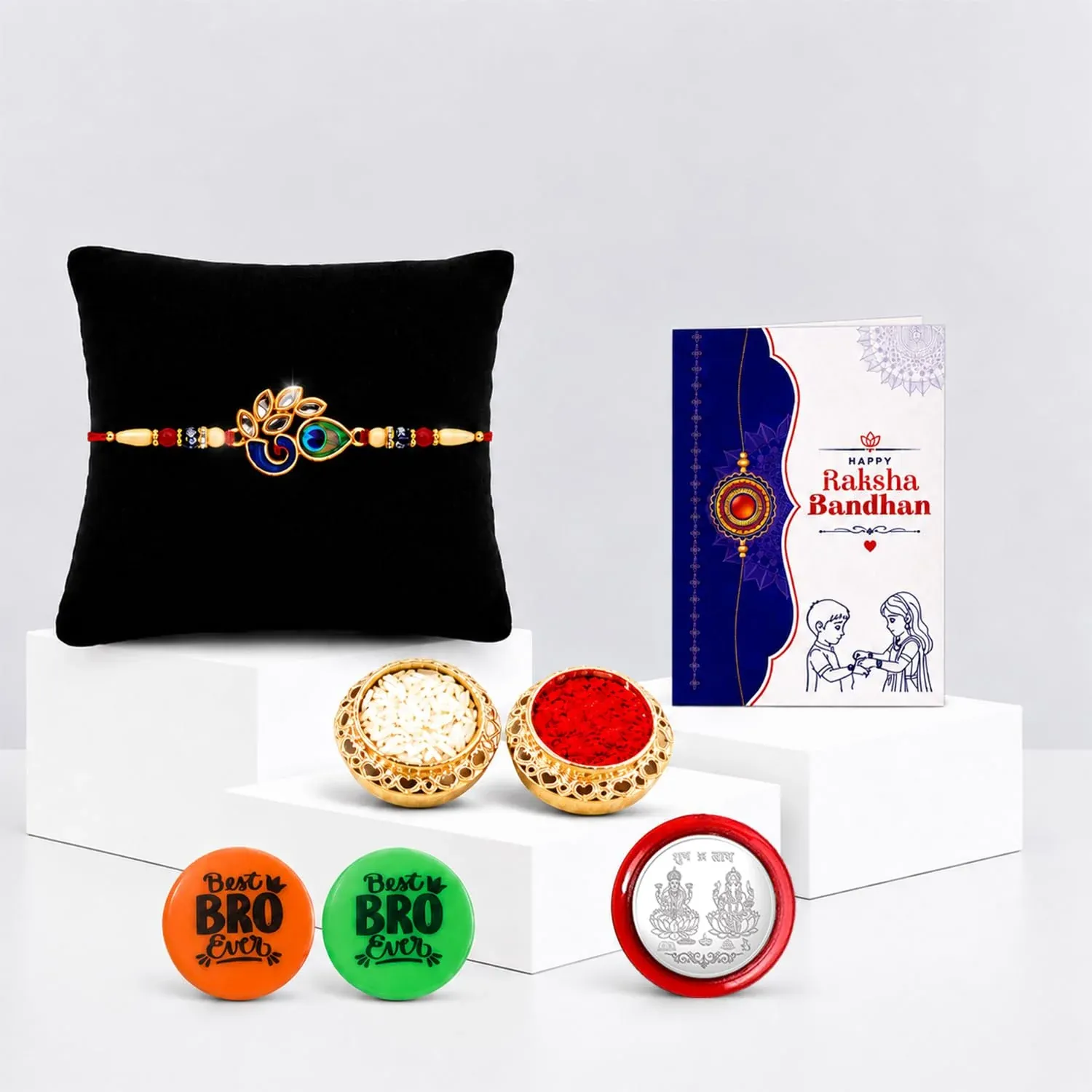 Premium Rakhi Set for Brother (Set of 1) – Peahen Design Rakhi Combo with Roli Chawal, Silver Color Pooja Coin, Multicolour Magnets & Greeting Card – Traditional Raksha Bandhan Gift Hamper for Bhai - Buy Online at Alikart