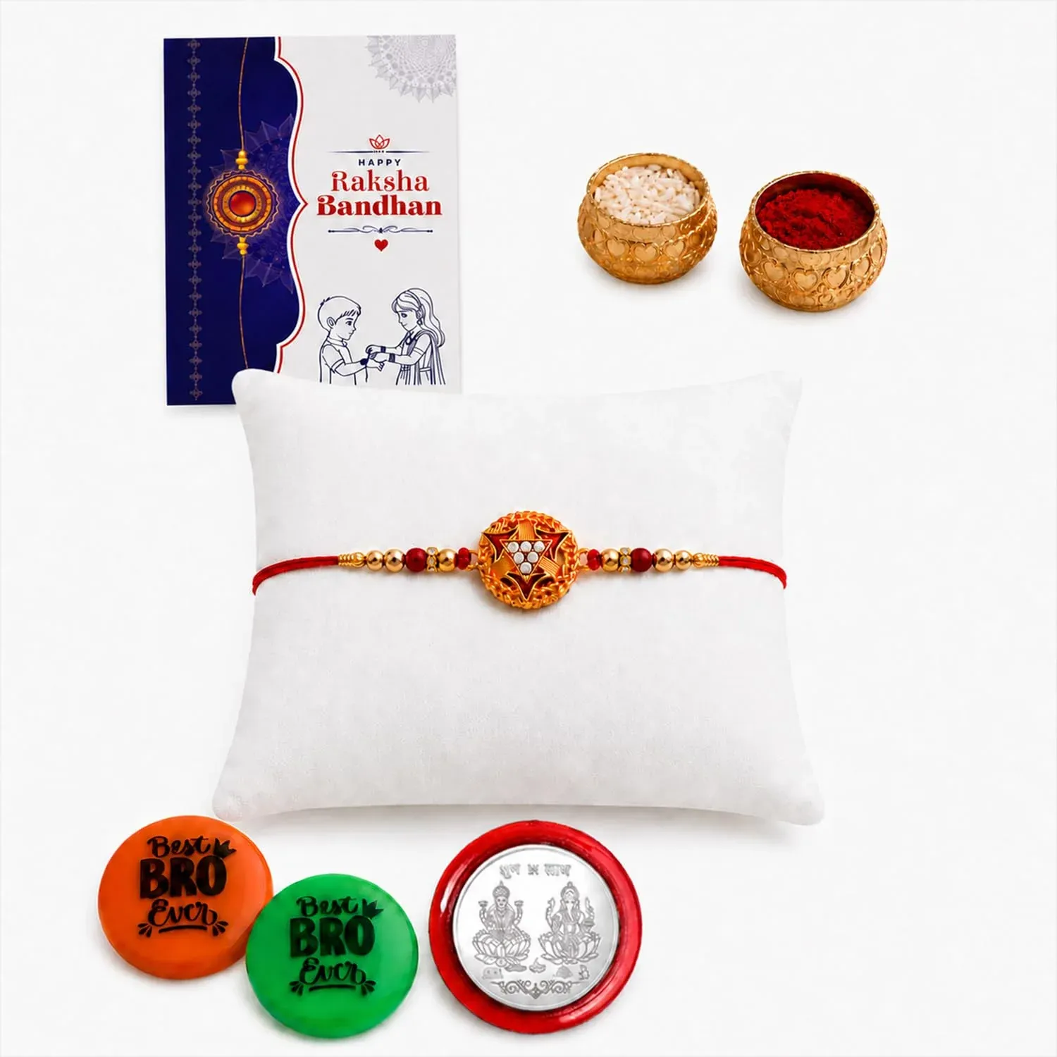 Rakhi Set for Brother (Set of 1) – Round Shape Rakhi Combo with Roli Chawal, Silver Color Pooja Coin, Multicolour Magnets & Greeting Card – Traditional Raksha Bandhan Gift Hamper for Bhai - Detailed Feature View 1