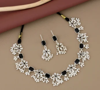 Oxidized Silver-Toned Choker Set with Black Stones – Elegant Vintage Style