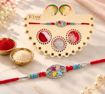 Silver Oval Floral Stone Rakhi with Color Petal Centre, Roli Chawal Coin and Card Packing
