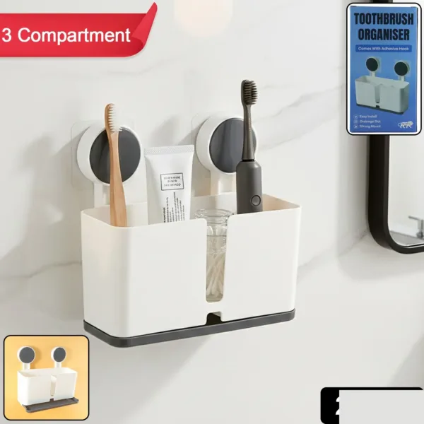 Wall Mounted Toothbrush Holder – 3 Compartments with Adhesive Install