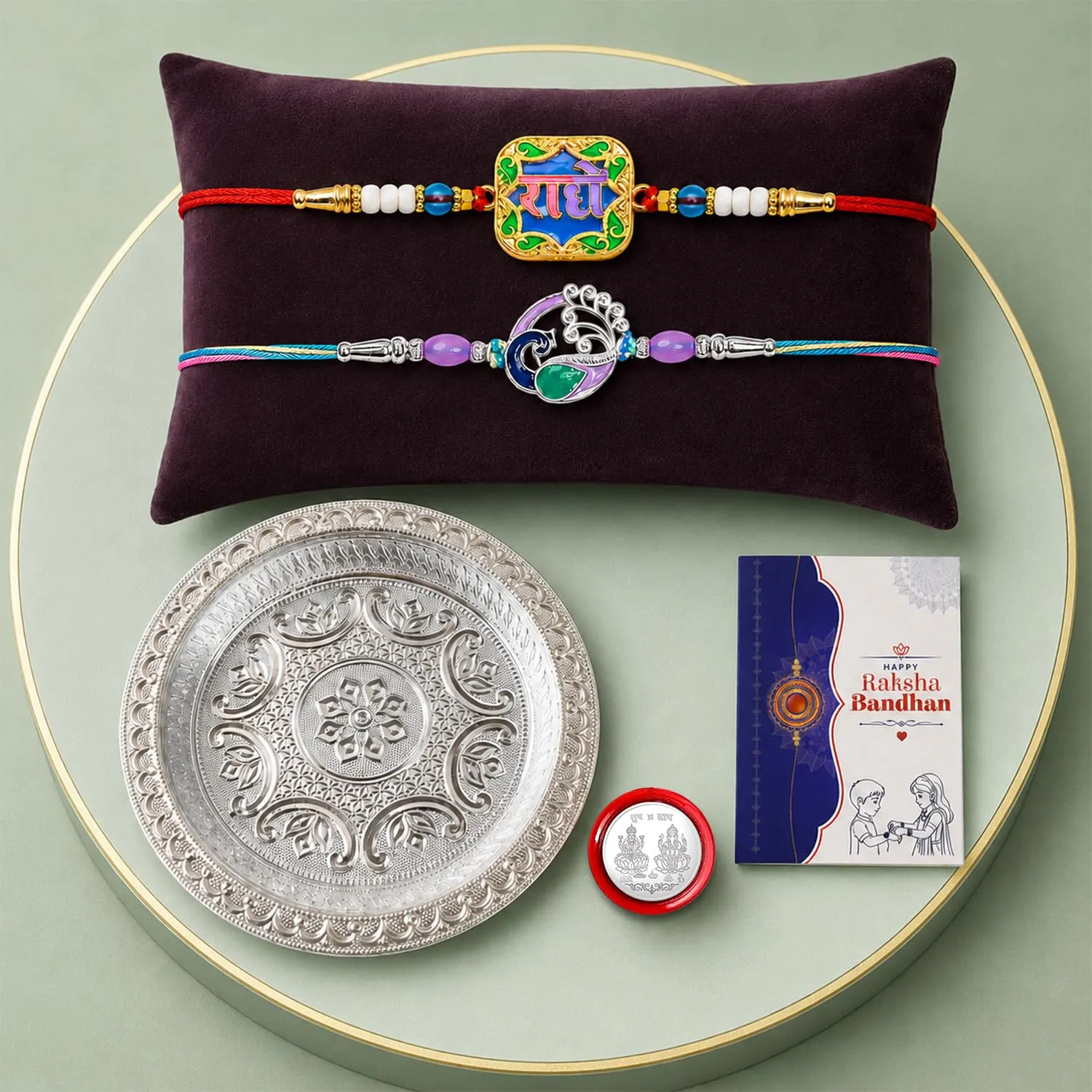 Premium Raksha Bandhan Combo – Radhe Peacock Rakhi & Silver Pooja Thali - Buy Online at Alikart