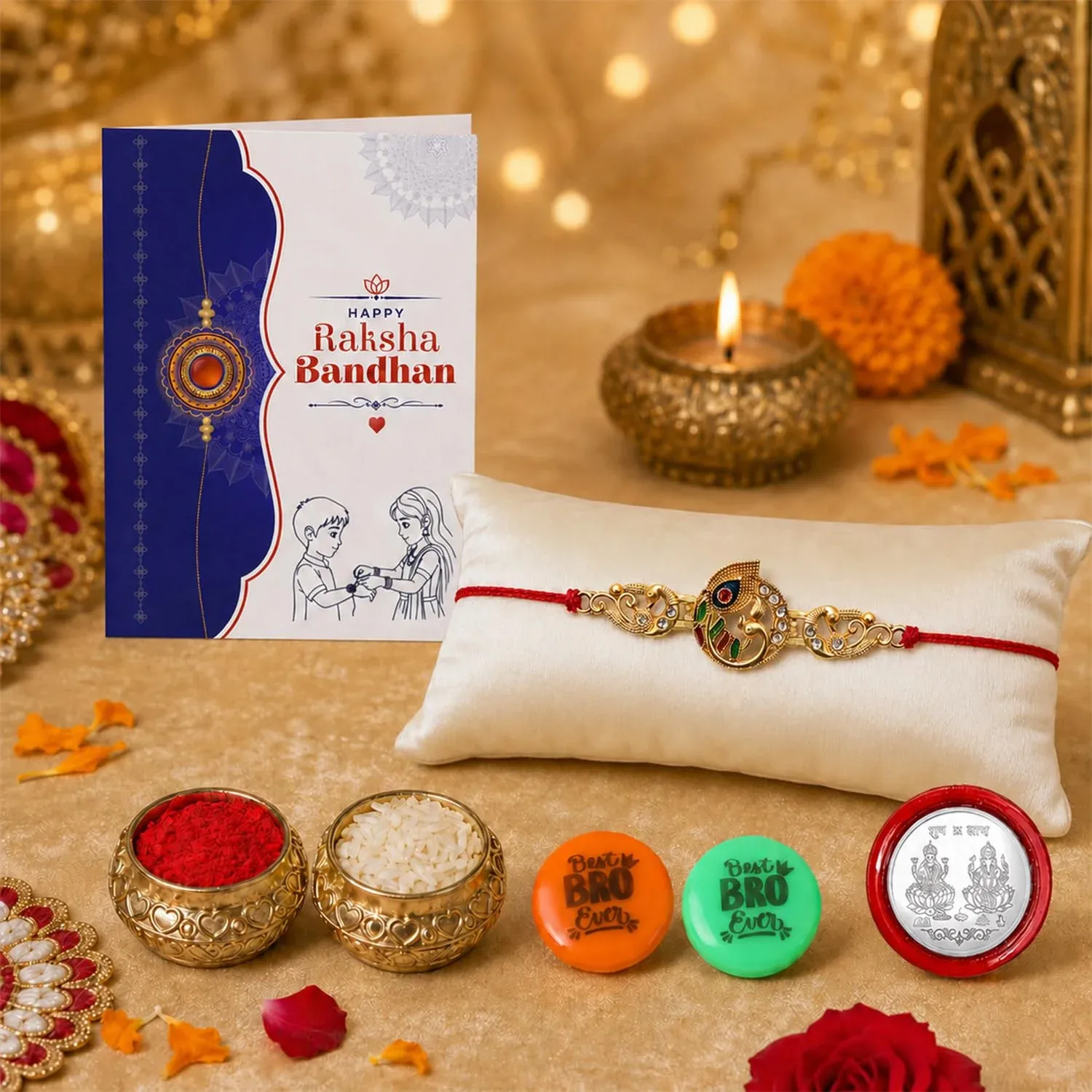 Rakhi Set for Brother (Set of 1) – Peacock Design Rakhi Combo with Roli Chawal, Silver Color Pooja Coin, Multicolour Magnets & Greeting Card – Traditional Raksha Bandhan Gift Hamper for Bhai - Detailed Feature View 1