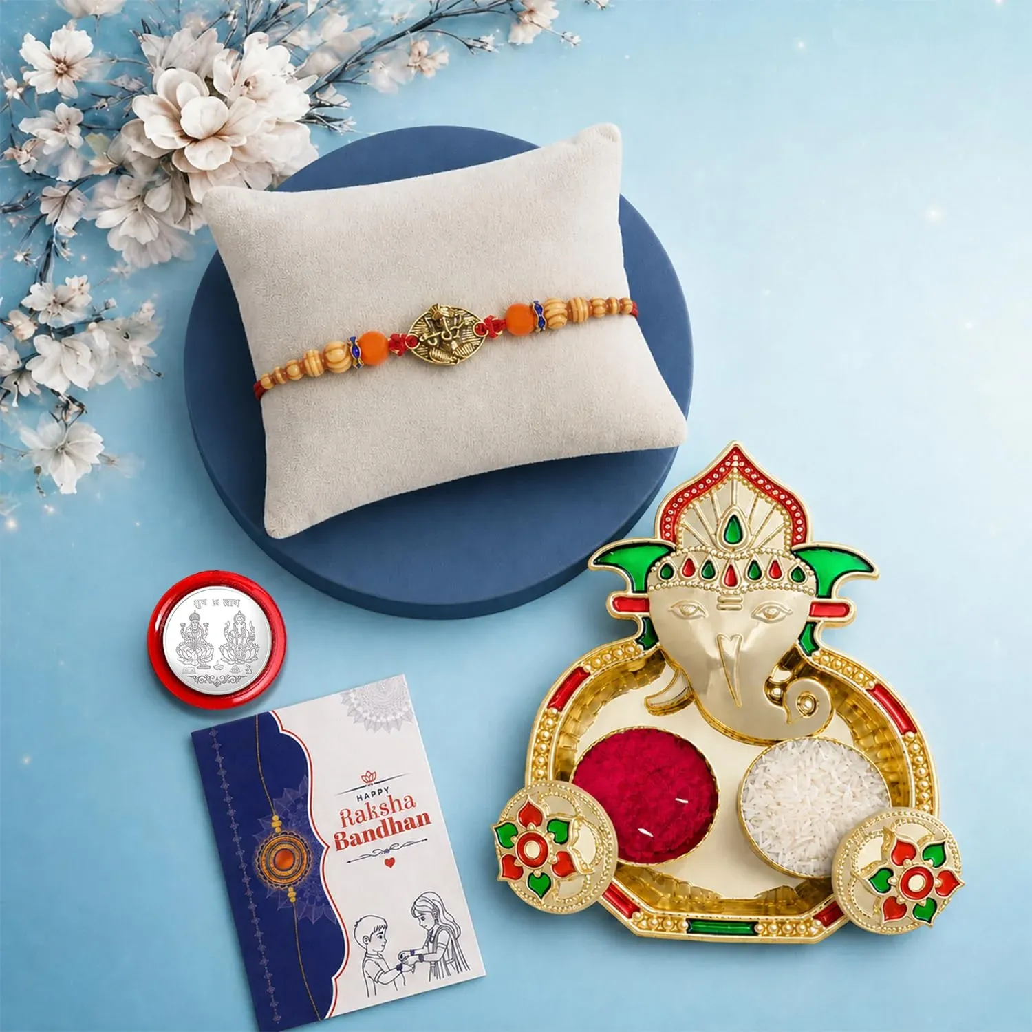 Premium Multicolor Ganesha Bracelet Rakhi with Shri Ganesh Pooja Thali – Raksha Bandhan Combo - Buy Online at Alikart