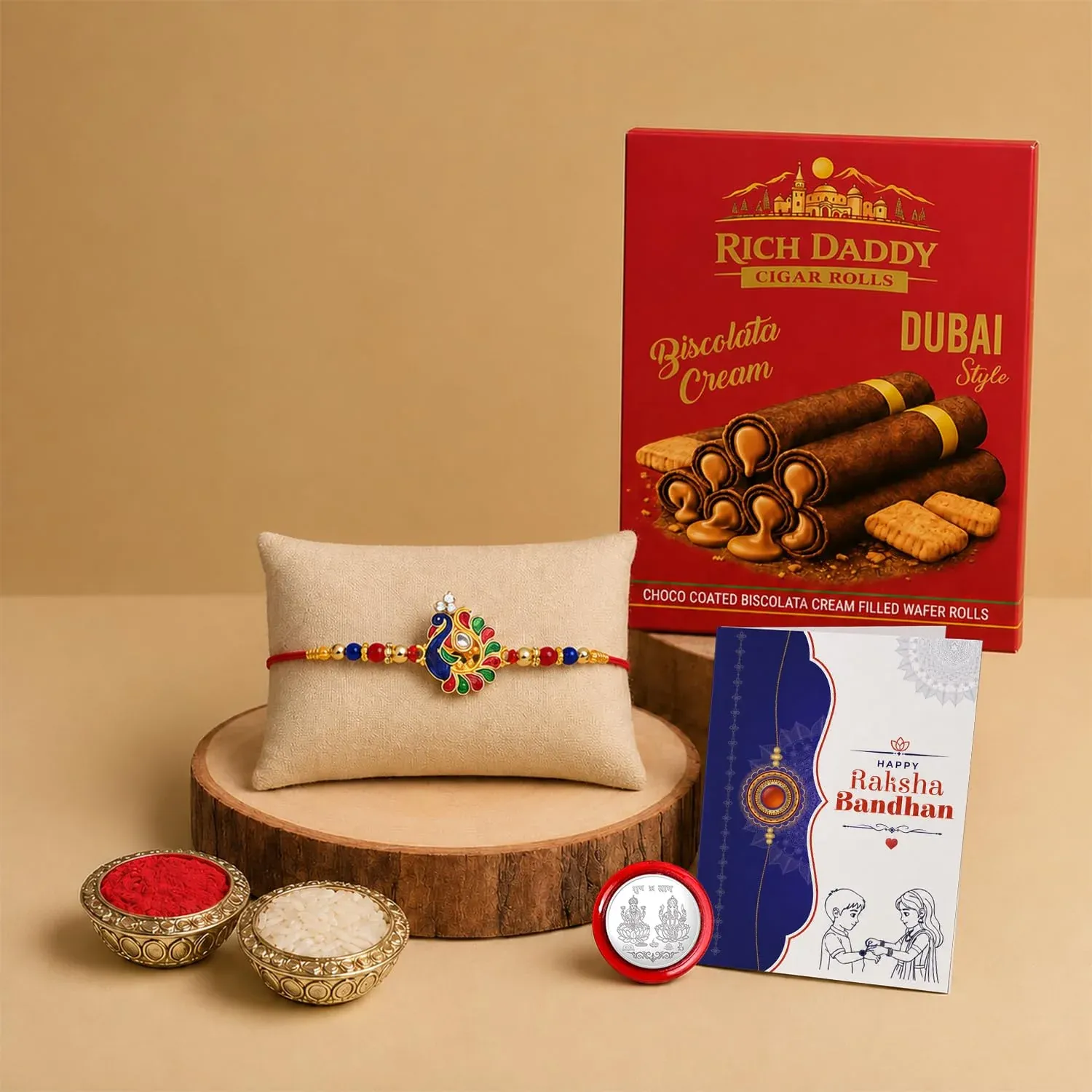 Premium Peacock Multicolor Rakhi – Biscolata Cream Wafer Roll Gift Combo Gift Set (Pack of 5) For Raksha Bandhan - Buy Online at Alikart