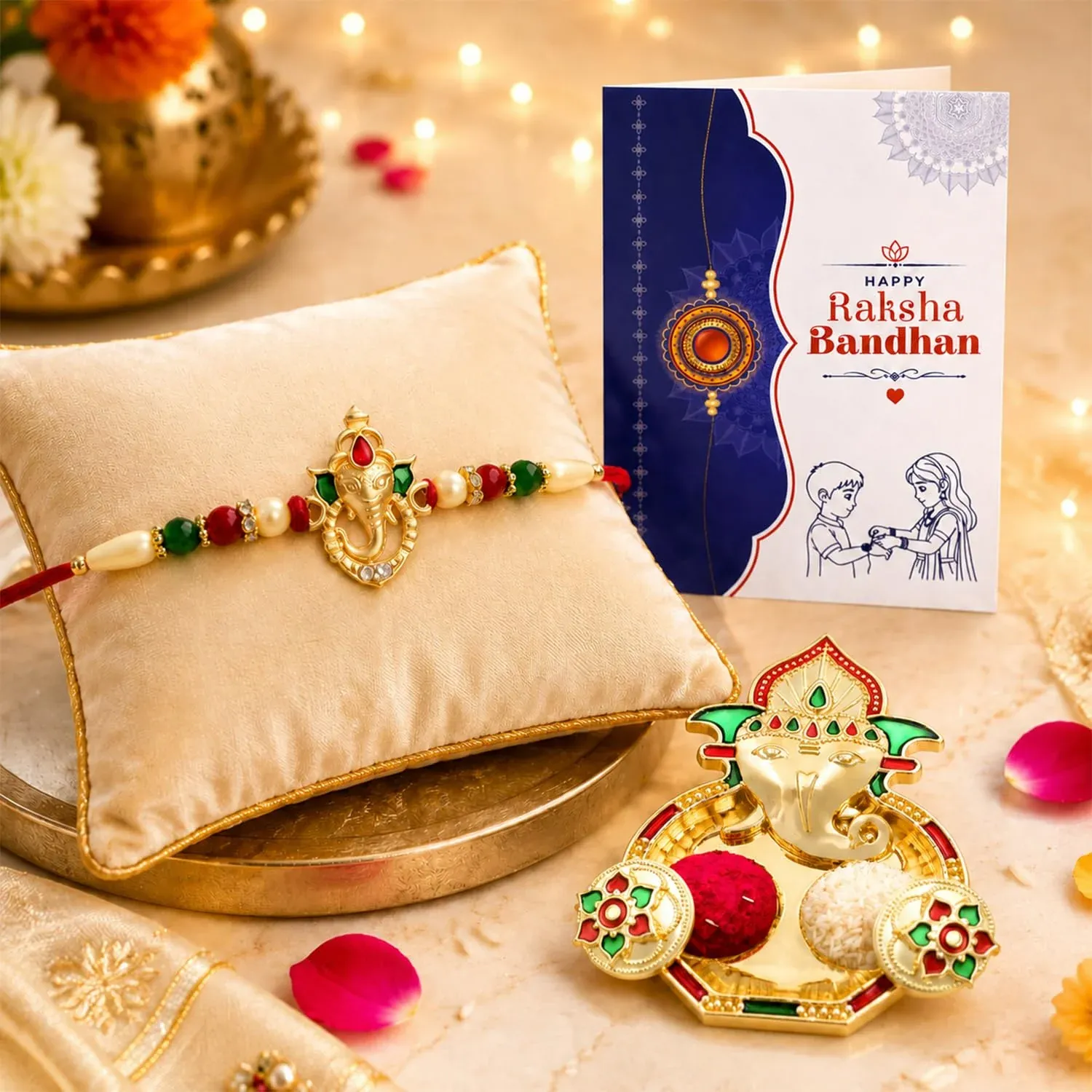 Premium Multicolor Ganesha Rakhi & Shri Ganesh Pooja Thali – Gift Hamper Gift Set (Pack of 5) For Raksha Bandhan - Buy Online at Alikart