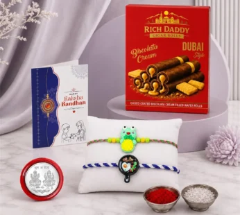 Frying Pan Charm Multicolor Rakhi – Biscolata Cream Wafer Roll Gift Combo (Pack of 6) For Raksha Bandhan