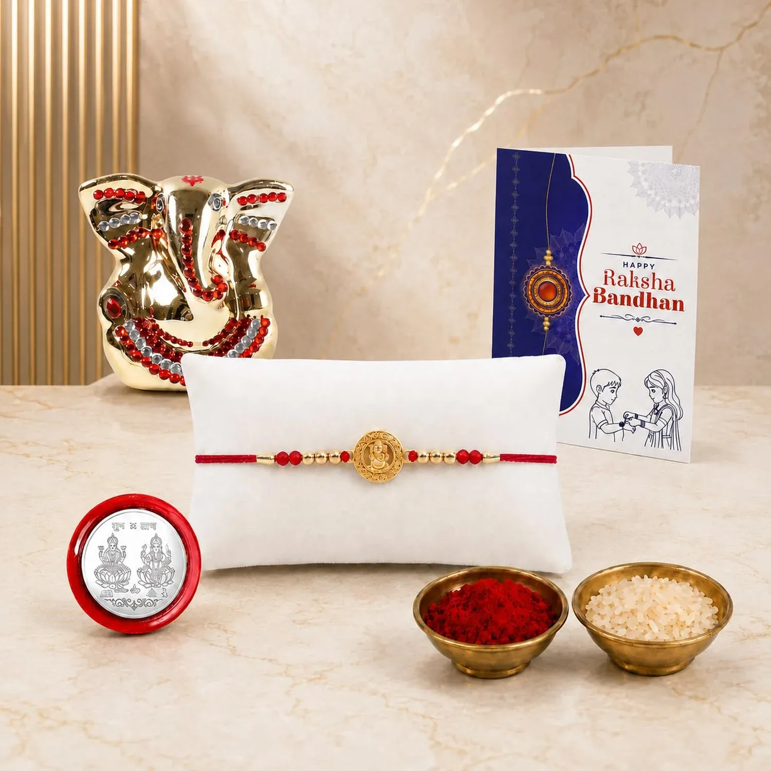 Premium Rakhi for Bhai – Ganesh Idol Rakhi | Silver Coin, Roli Chawal Gift Combo (Pack of 4) For Raksha Bandhan - Buy Online at Alikart