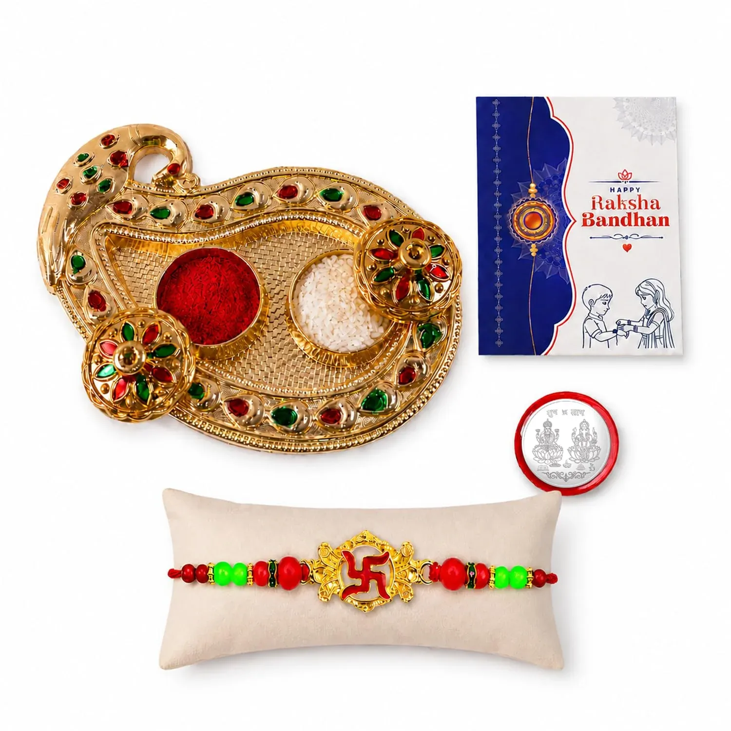 Multicolor Swastika Bracelet Rakhi with Art Design Pooja Thali – Raksha Bandhan Combo - Detailed Feature View 1