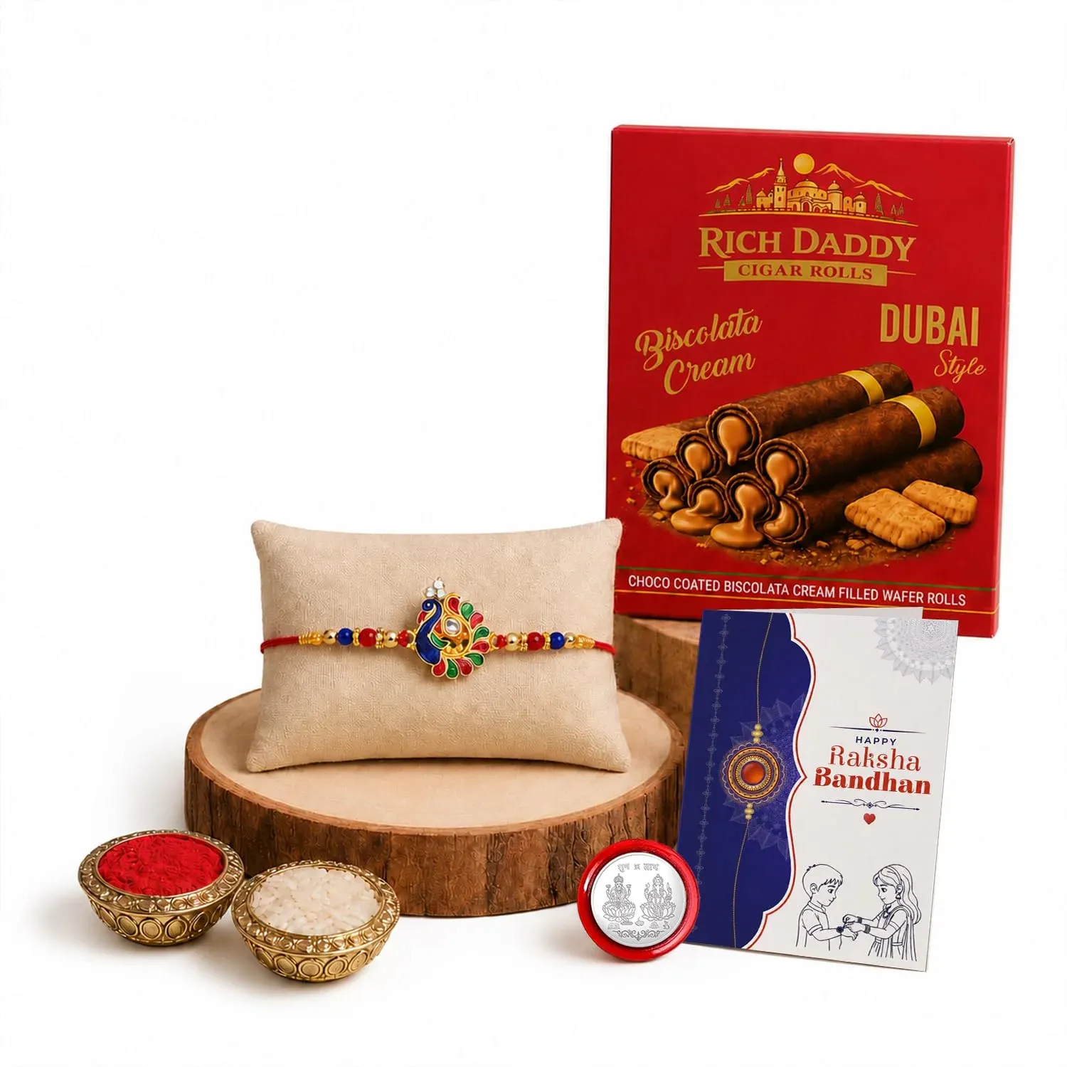 Peacock Multicolor Rakhi – Biscolata Cream Wafer Roll Gift Combo Gift Set (Pack of 5) For Raksha Bandhan - Detailed Feature View 4