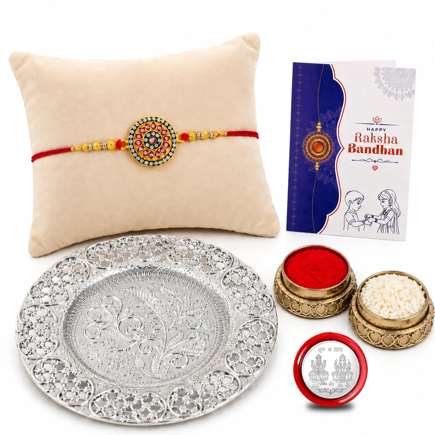 Premium Multicolor Rakhi Rangoli Round & Pooja Thali with Silver Color Pooja - Buy Online at Alikart