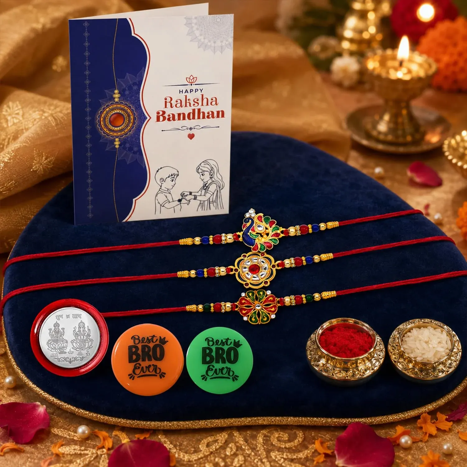 Premium Rakhi Set for Brother (Set of 3) – Roli Chawal Silver Combo | Raksha Bandhan Gift Set - Buy Online at Alikart