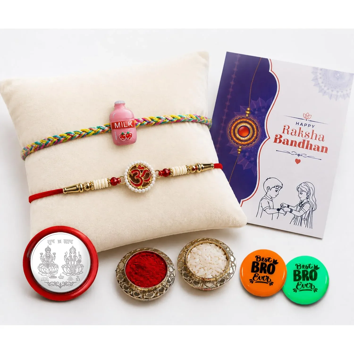 Milk Multicolor Rakhi with Decorative Magnets – Gift Combo for Bhai Set (Pack of 7) For Raksha Bandhan - Detailed Feature View 4