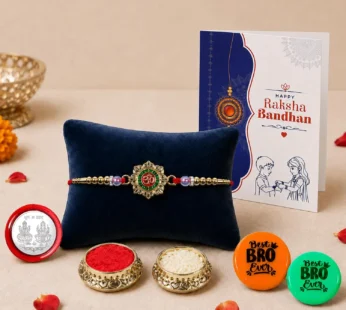 OM Multicolor Rakhi Combo with Decorative Magnets 2pcs, Roli Chawal, Silver Color Pooja Coin & Greeting Card | Fancy Rakhi for Brother | Pack of 5 | For Raksha Bandhan