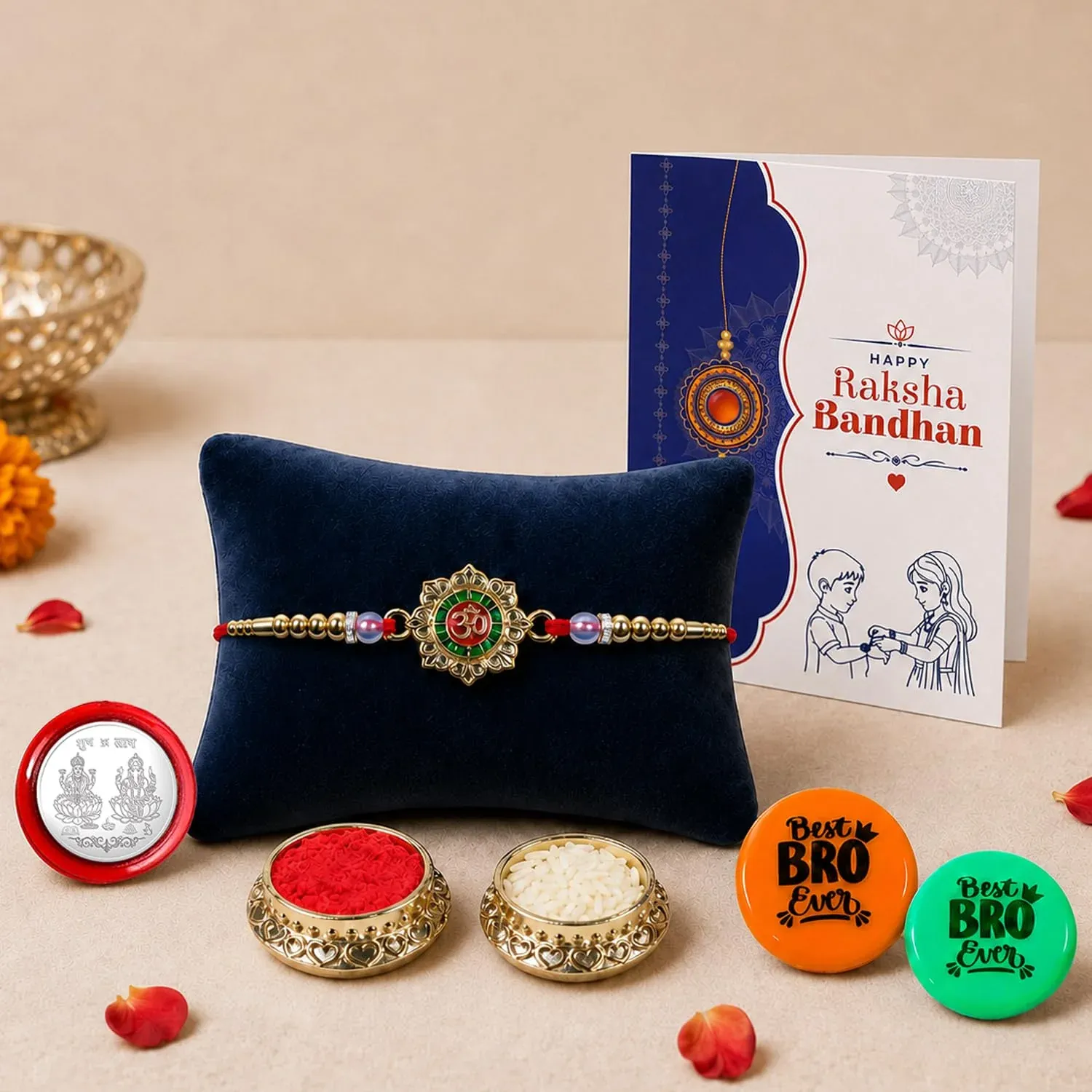 Premium OM Multicolor Rakhi Combo with Decorative Magnets 2pcs, Roli Chawal, Silver Color Pooja Coin & Greeting Card | Fancy Rakhi for Brother | Pack of 5 | For Raksha Bandhan - Buy Online at Alikart