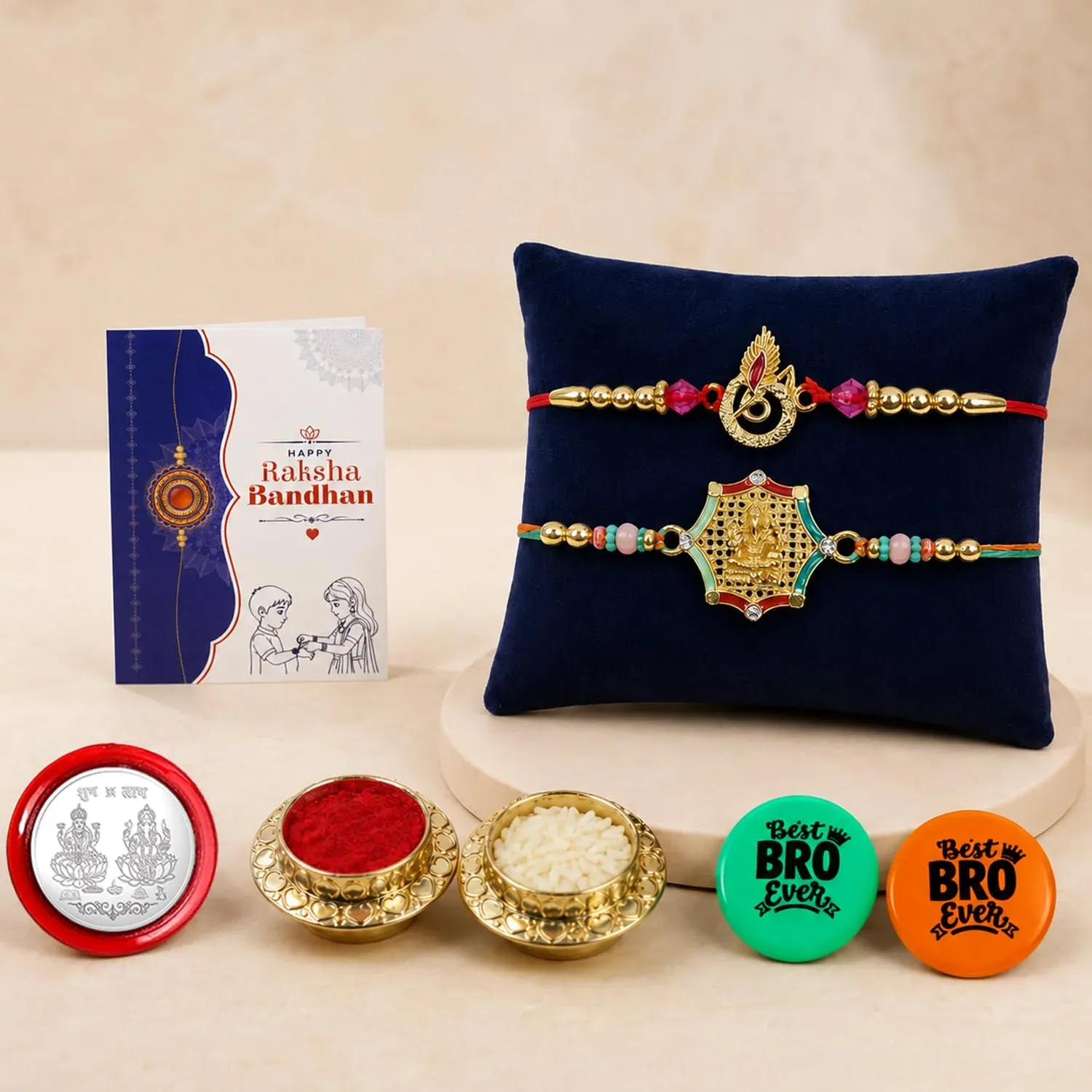 Premium Rakhi Combo with Golden Feather, Deity Rakhi, Decorative Magnets 2pcs, Roli Chawal, - Buy Online at Alikart