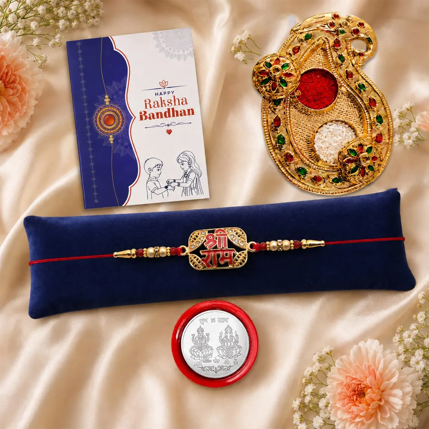 Premium Multicolor & Art Design Pooja Thali with Silver Color Pooja Coin, Roli Chawal Rakhi For Raksha Bandhan - Buy Online at Alikart