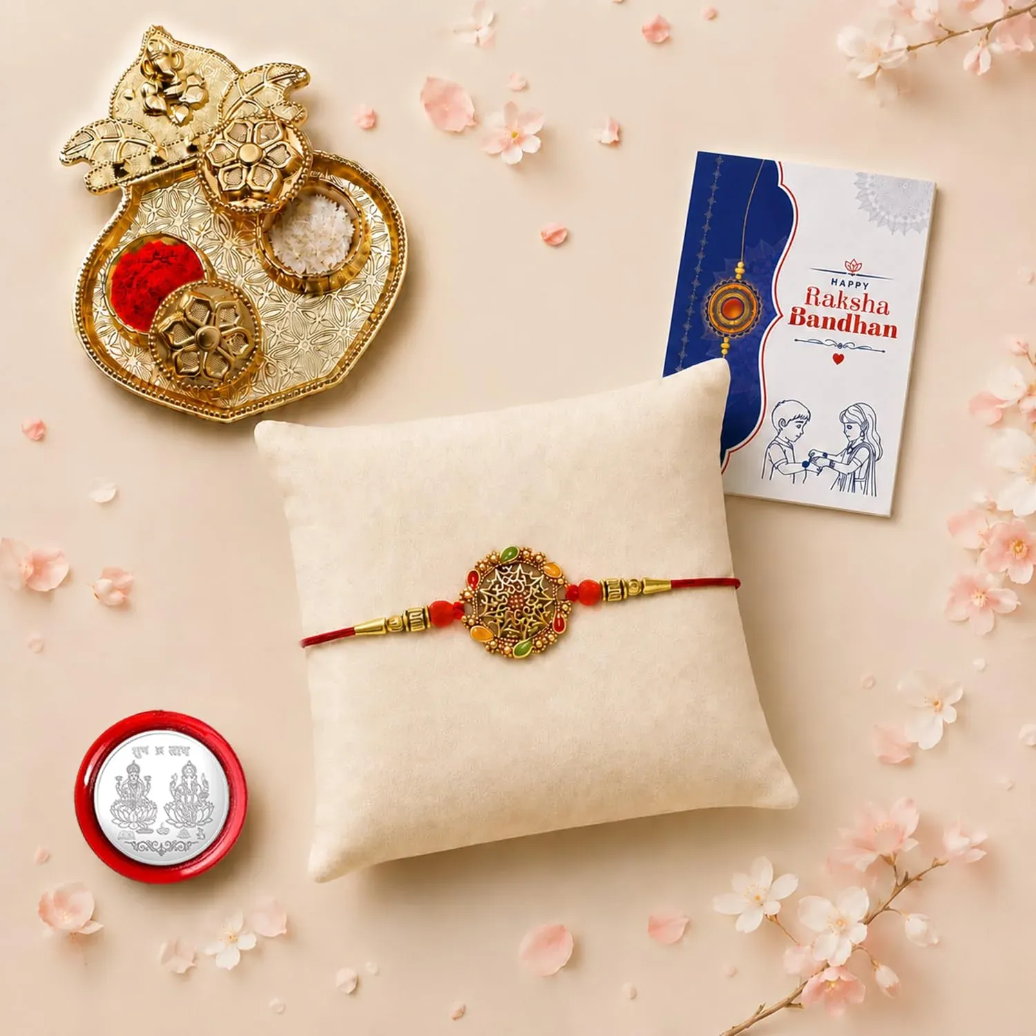 Premium Multicolor & Kalash Shape Pooja Thali with Silver Color Pooja Coin, Roli Chawal Rakhi For Raksha Bandhan - Buy Online at Alikart