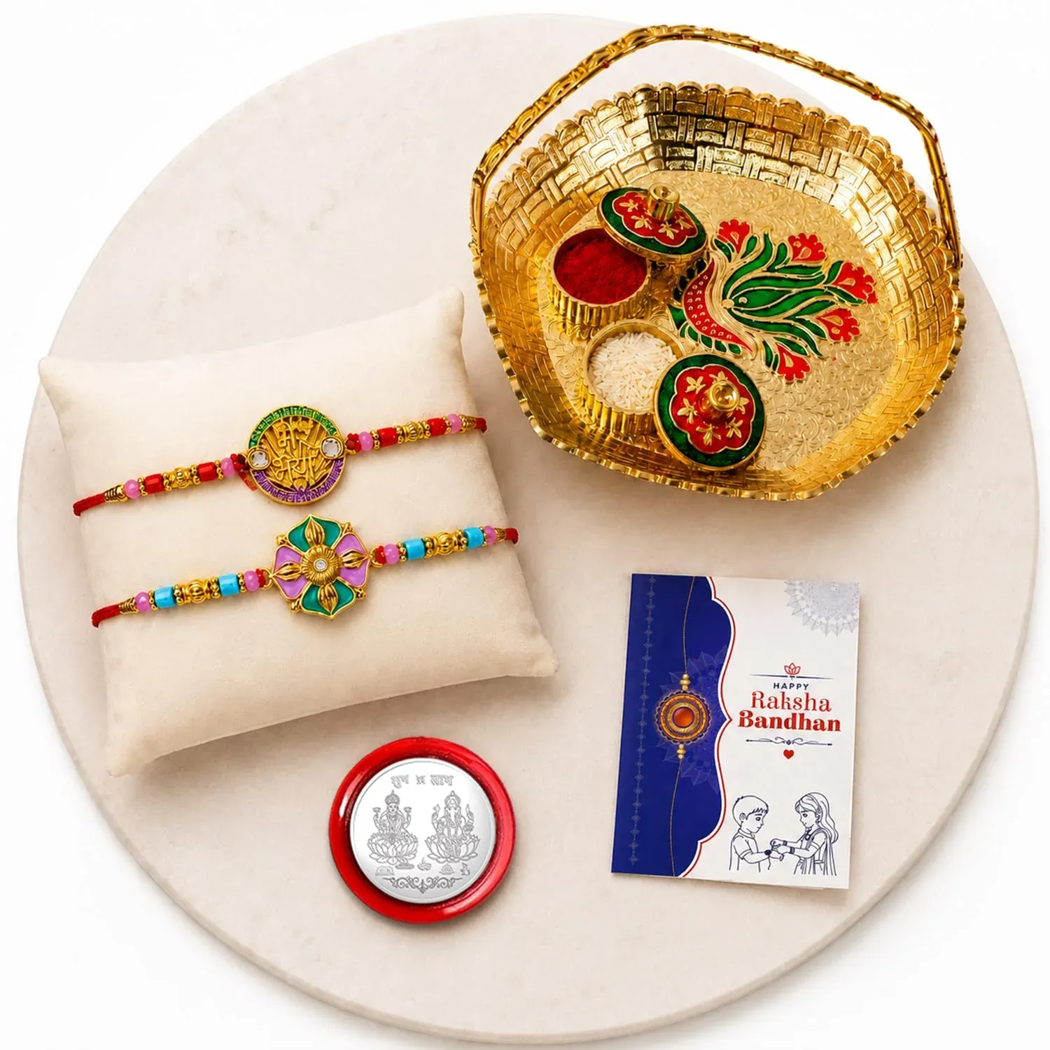 Multicolor Bracelet Rakhi – Basket-Topli Pooja Thali | Raksha Bandhan Combo for Bhai - Detailed Feature View 1