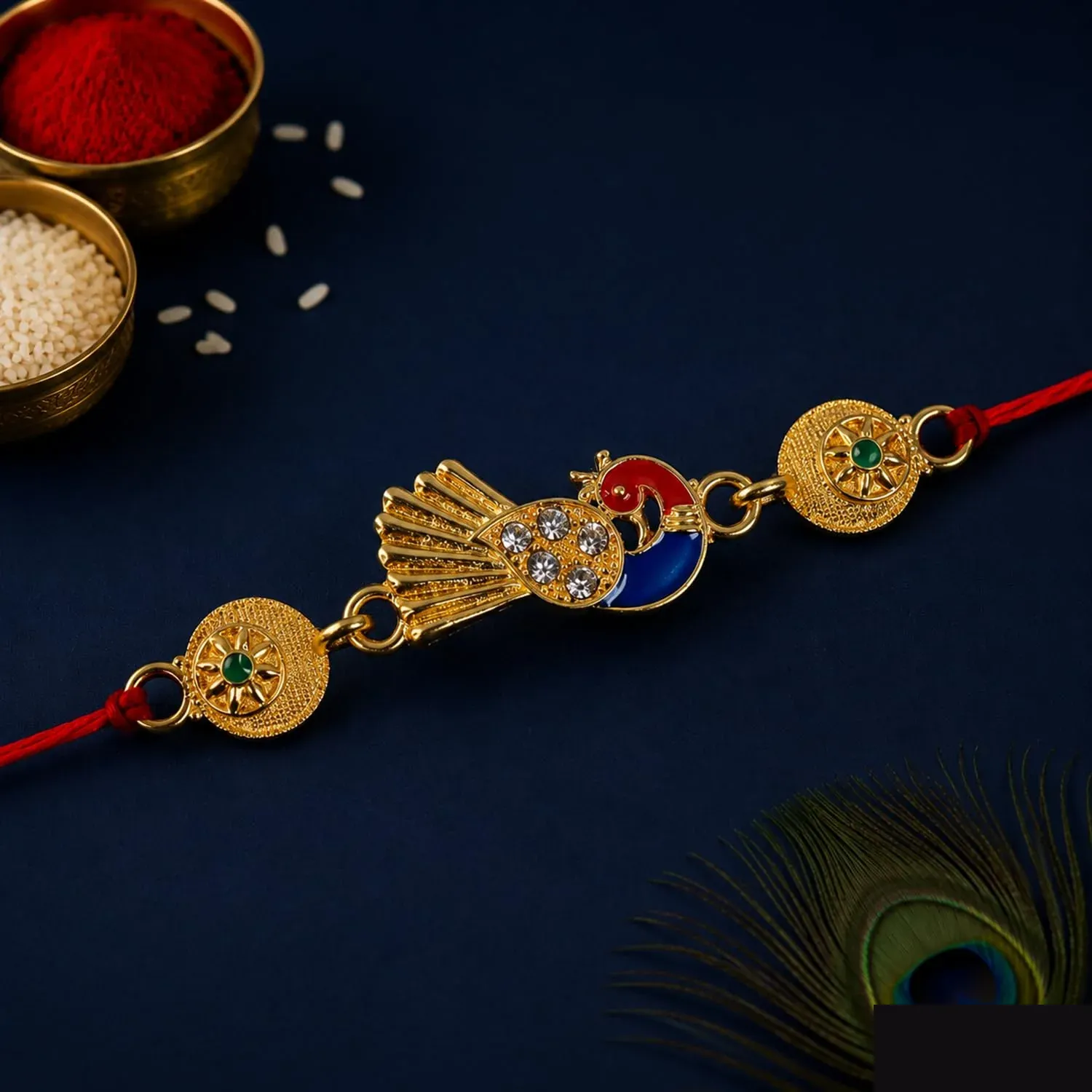 Peacock,Swastika Charm Multicolor Rakhi & Decorative Magnets – Raksha Bandhan Combo - Detailed Feature View 4