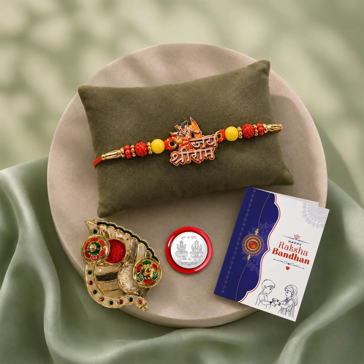 Premium Multicolor Shri Ram Bracelet Rakhi with Leaf Shape Pooja Thali – Raksha Bandhan Combo - Buy Online at Alikart