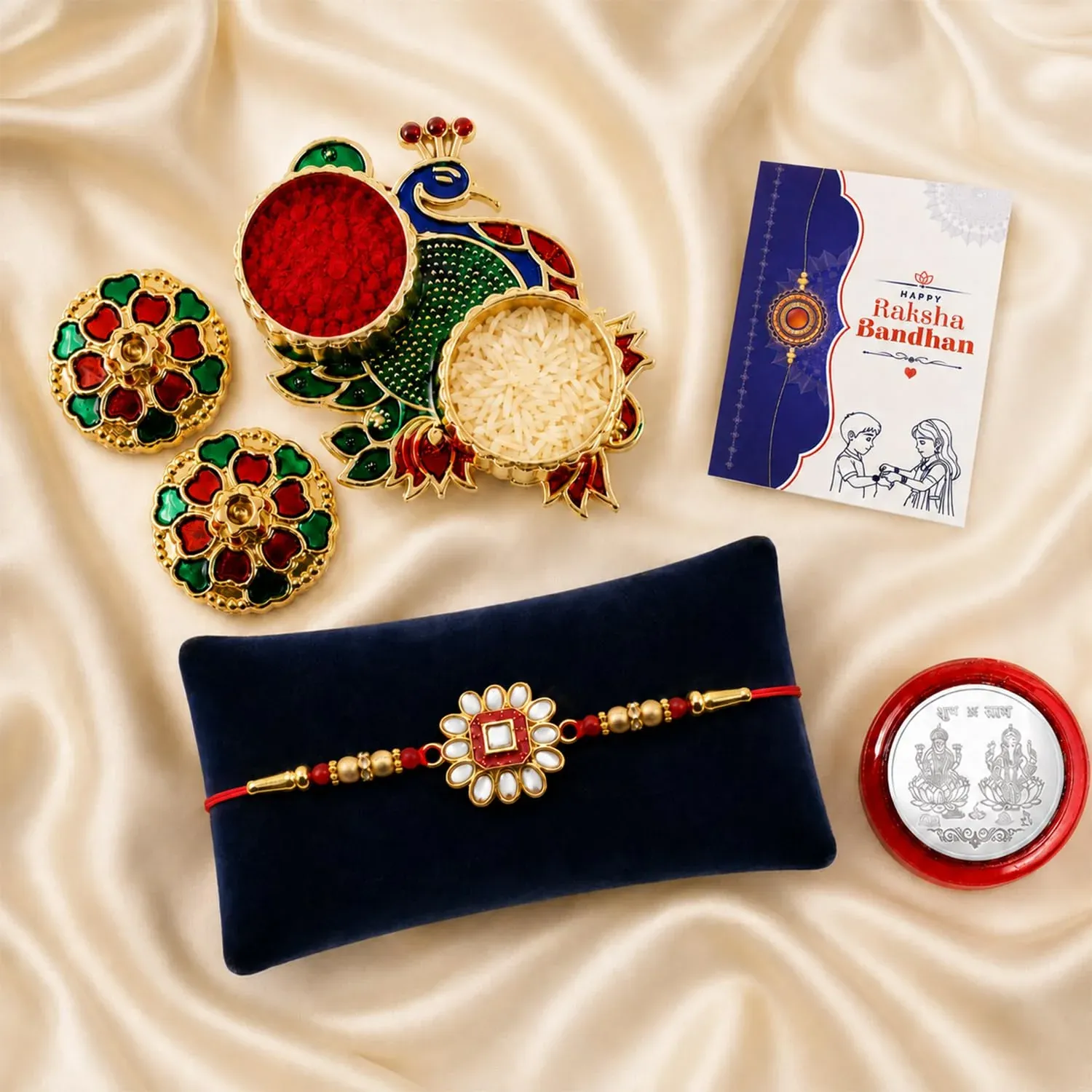 Premium Multicolor & Peacock Shape Pooja Thali with Silver Color Pooja Coin, Roli Chawal For Raksha Bandhan - Buy Online at Alikart