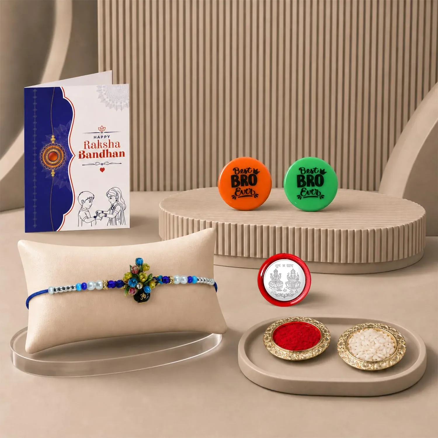 Premium Multicolor OM Floral Pot Rakhi Combo with Decorative Magnets 2pcs, Roli Chawal, Silver Color Pooja Coin & Greeting Card | Fancy Rakhi for Brother | Pack of 6 For Raksha Bandhan - Buy Online at Alikart