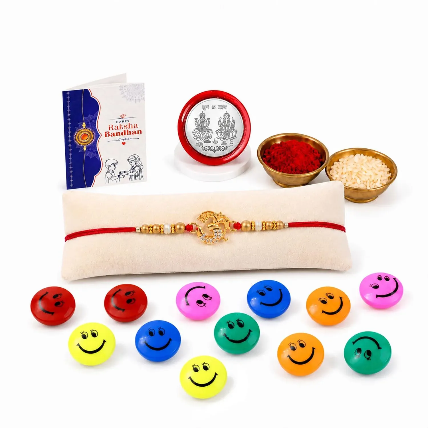 OM Multicolor Rakhi – 12pc Decorative Magnets Gift Combo for Bhai Set (Pack of 5) For Raksha Bandhan - Detailed Feature View 3