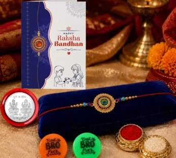 Rakhi Set for Brother (Set of 1) – Peacock Feather Rakhi Combo with Roli Chawal, Silver Color Coin, Multicolour Magnets and Greeting Card – Traditional Raksha Bandhan Gift Hamper for Bhai