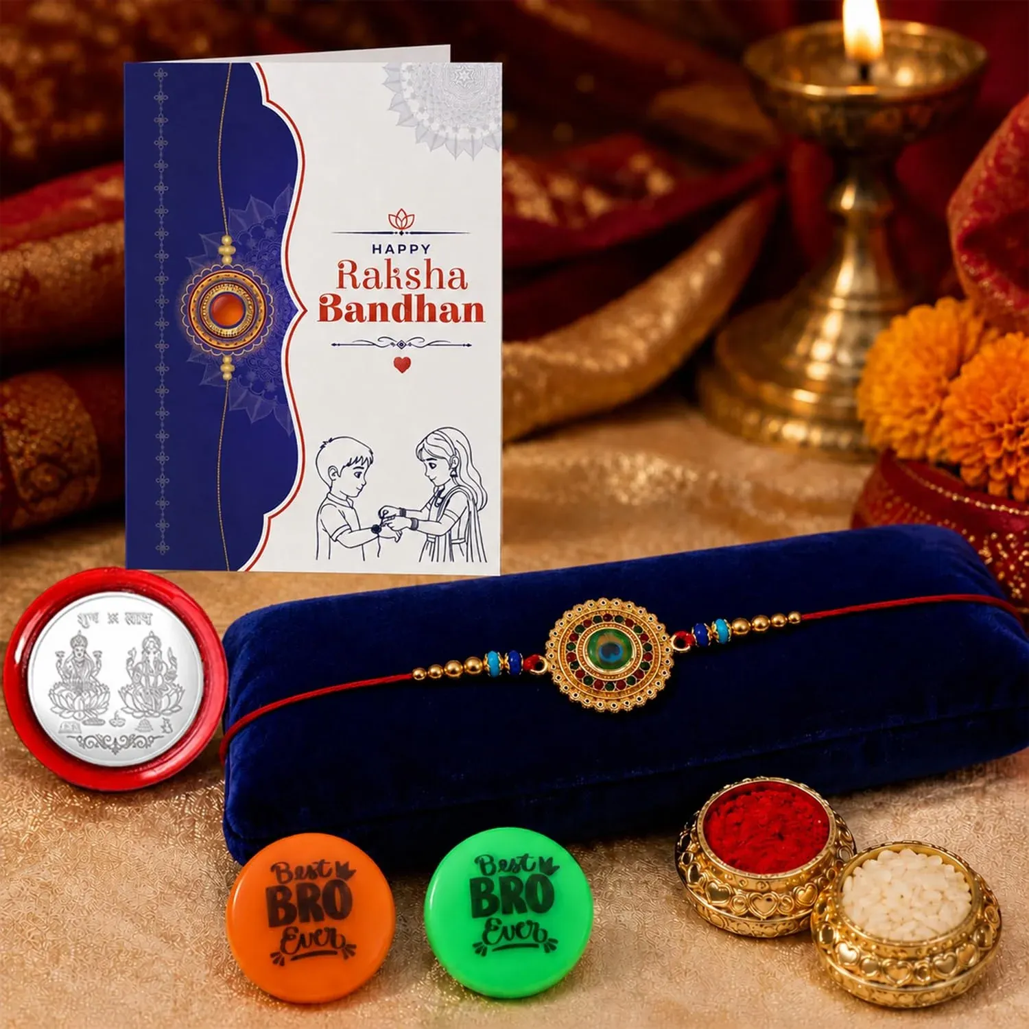 Premium Rakhi Set for Brother (Set of 1) – Peacock Feather Rakhi Combo with Roli Chawal, Silver Color Coin, Multicolour Magnets and Greeting Card – Traditional Raksha Bandhan Gift Hamper for Bhai - Buy Online at Alikart