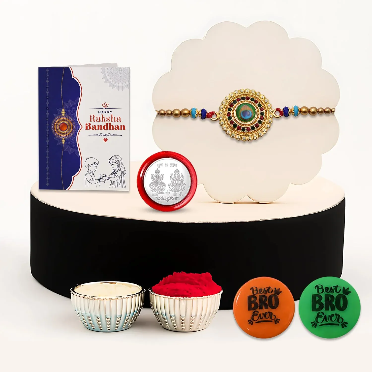 Rakhi Set for Brother (Set of 1) – Peacock Feather Rakhi Combo with Roli Chawal, Silver Color Coin, Multicolour Magnets and Greeting Card – Traditional Raksha Bandhan Gift Hamper for Bhai - Detailed Feature View 1