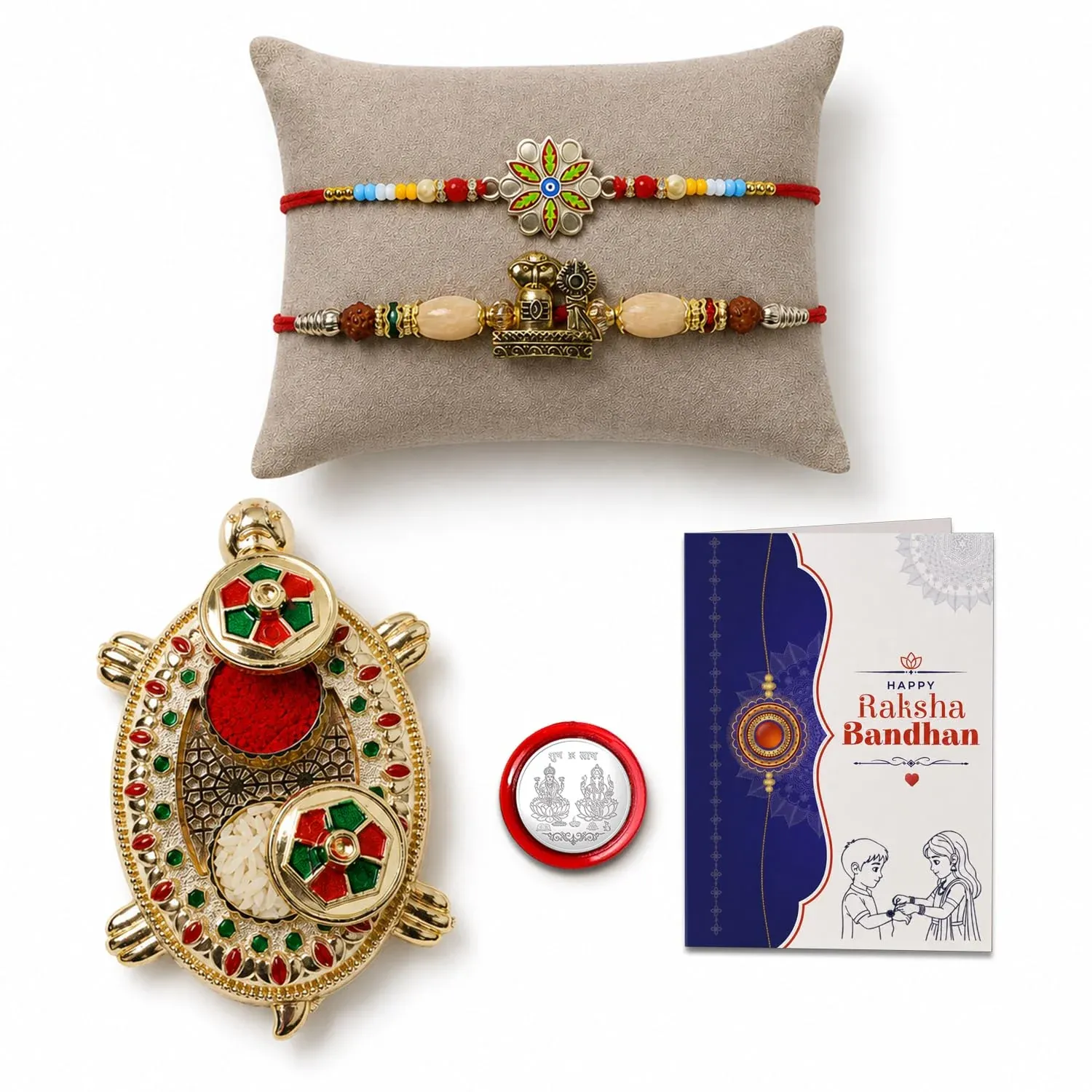 Multicolor Floral, Deity Bracelet Rakhi with Turtle Thali – Raksha Bandhan Combo - Detailed Feature View 6