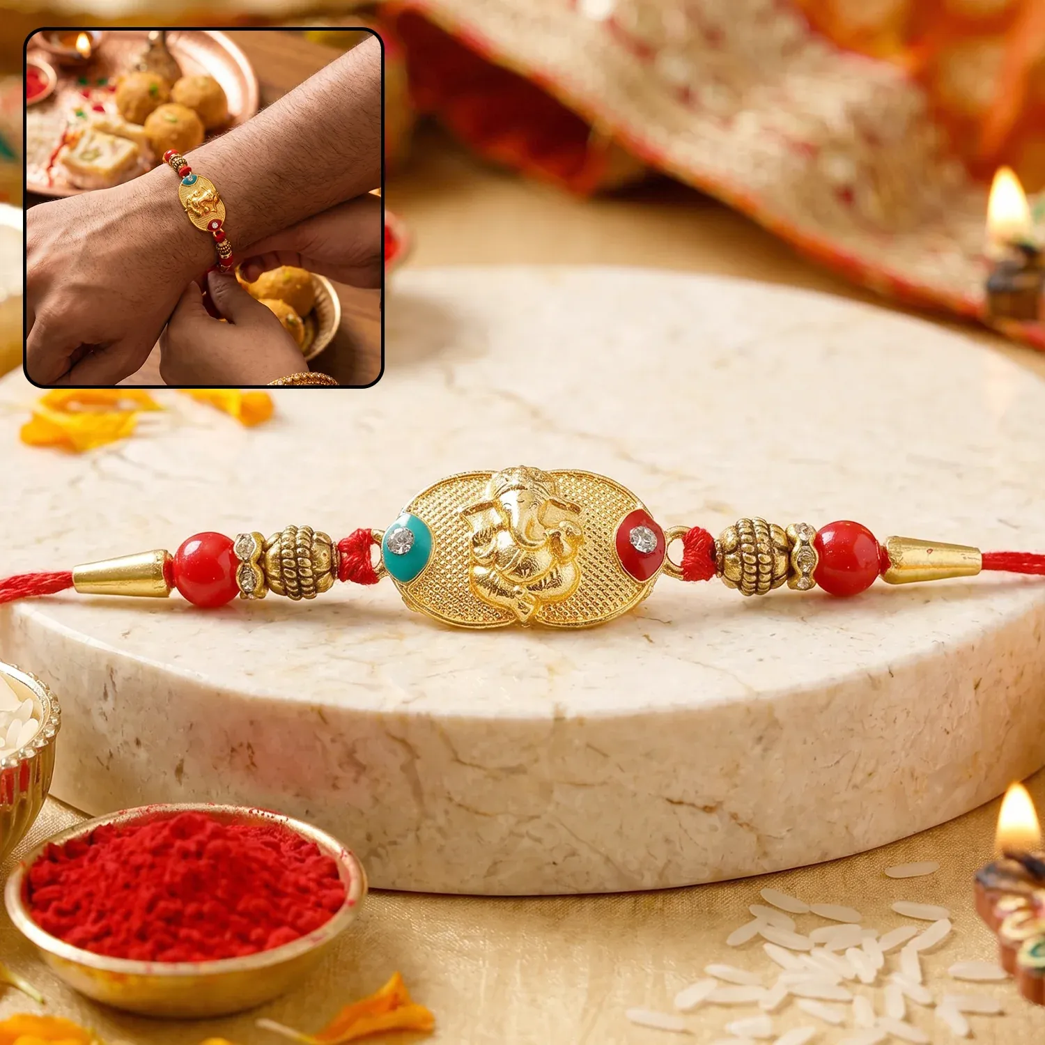 Premium Rakhi – Traditional Thread Gift with Attractive Beads and Ganesh Centerpiece - Buy Online at Alikart