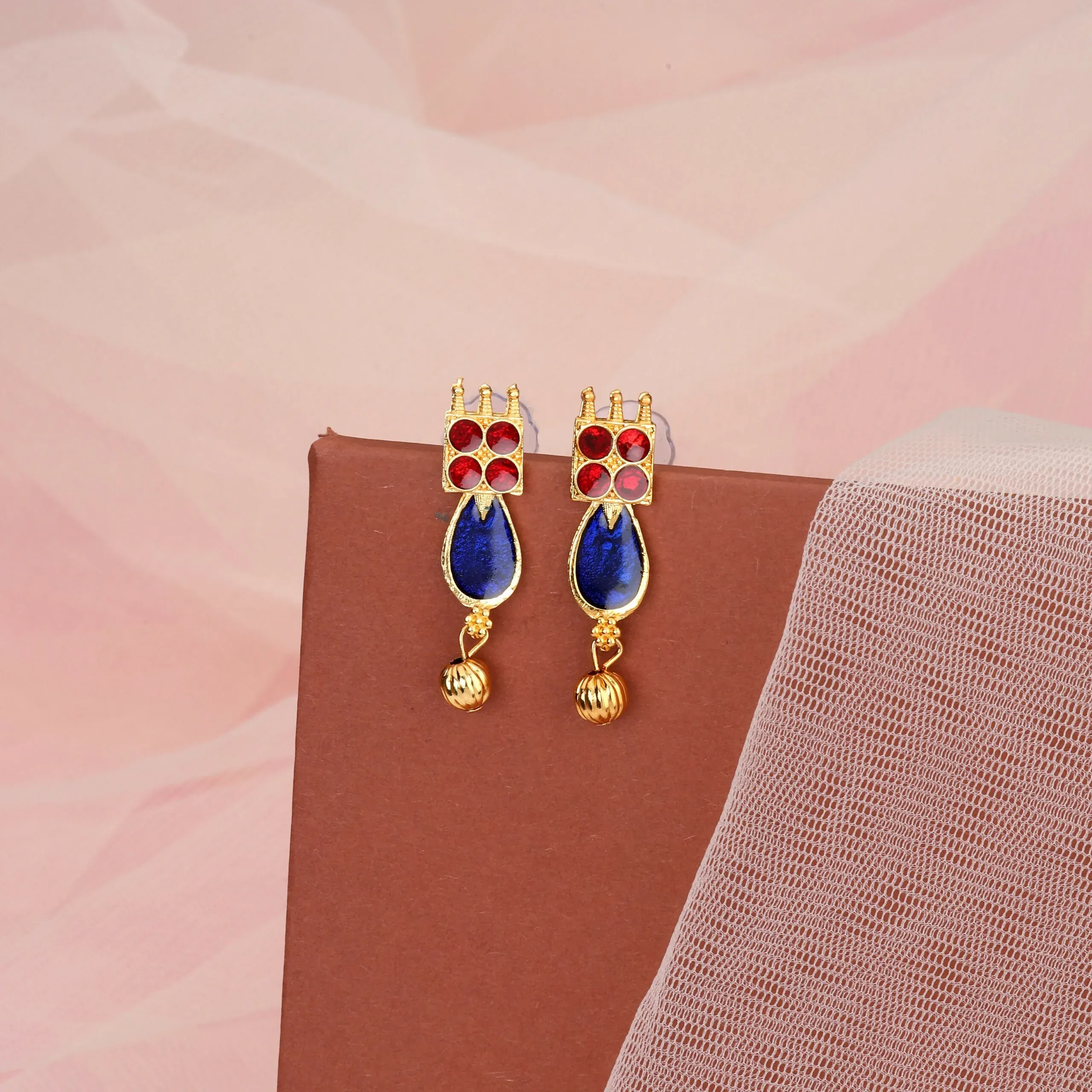 Gold-Tone Lotus Choker Set – Traditional Blue-Maroon Enamel Design - Detailed Feature View 1