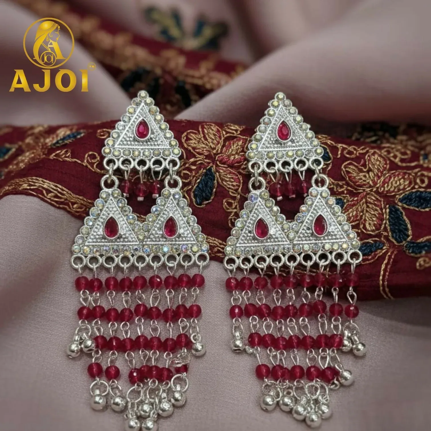 Premium Ruby Drop Silver Earrings – Ethnic Designer Statement Tassels - Buy Online at Alikart