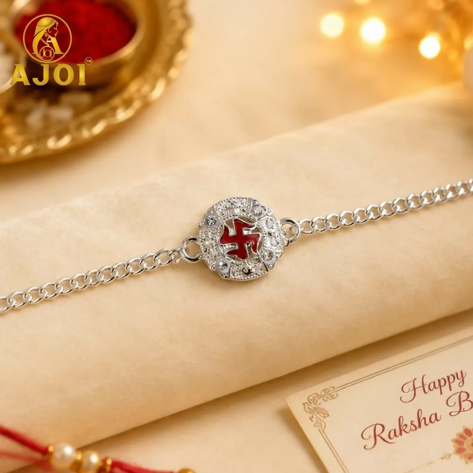 Premium Auspicious Raksha Bandhan Rakhi Bracelet with Red Swastik Silver Chain Gift Jewelry - Buy Online at Alikart