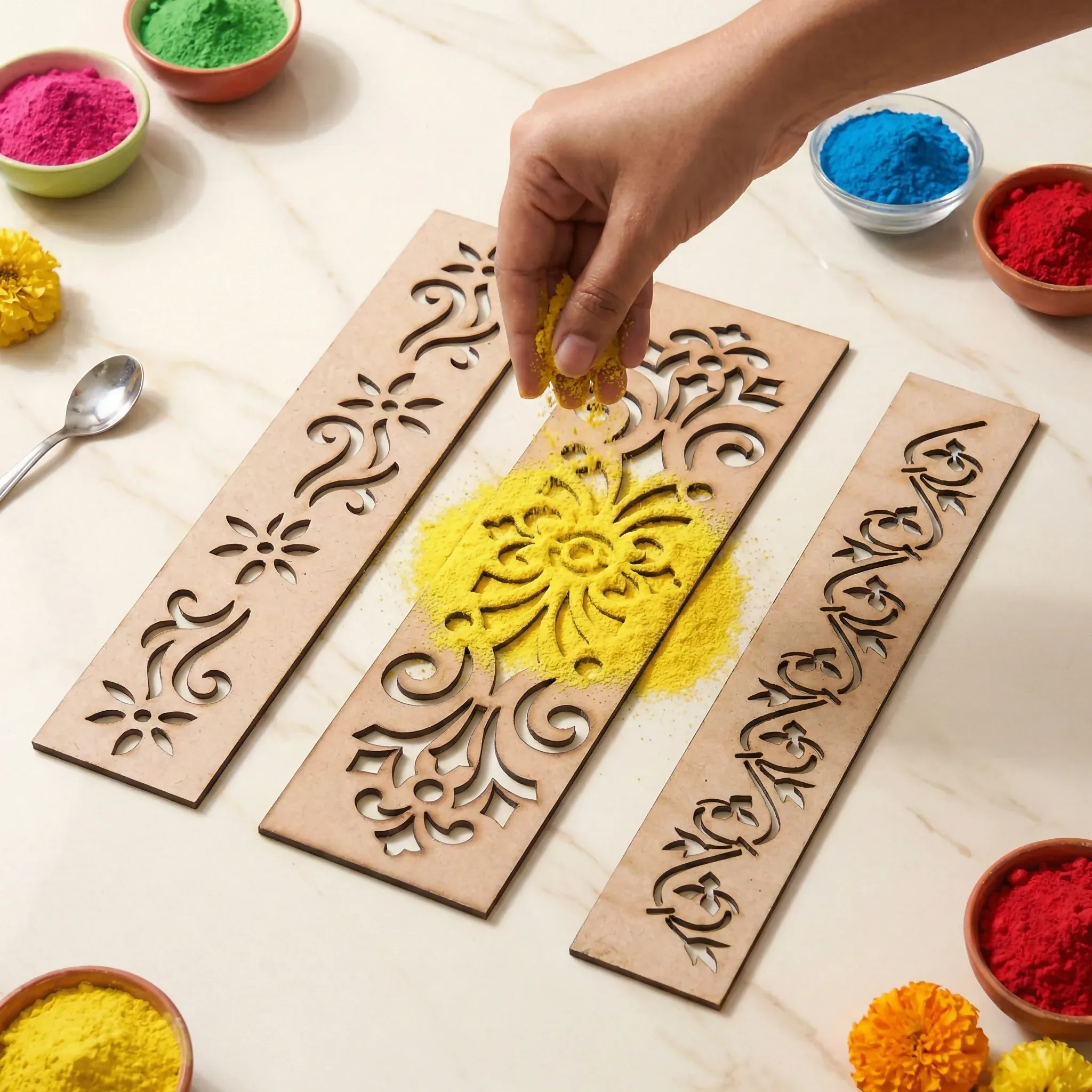 Wooden Rangoli Border Stencils – 3 Reusable Umbra Patti Designs - Detailed Feature View 1