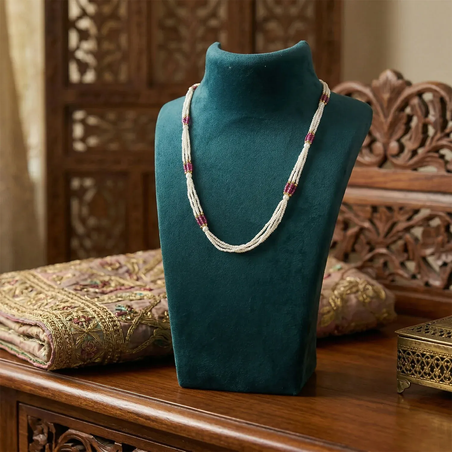 Beaded Mala Necklace – Elegant Multi-Strand with Pink Accents - Detailed Feature View 1