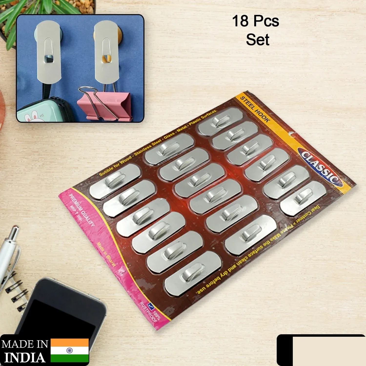 Stainless Steel Wall Hooks – 18 Pc Self-Adhesive Set | GlimmerHome - Detailed Feature View 1