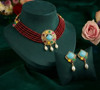 Traditional Maroon Beaded Choker – Elegant Handcrafted Necklace Set