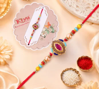 Pink Stone & Blue Meenakari Oval Designer Rakhi for Brother Gift Set
