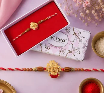 Golden Shrinathji Face Rakhi with Red Enamel Detail, Sandalwood-Finish Beads