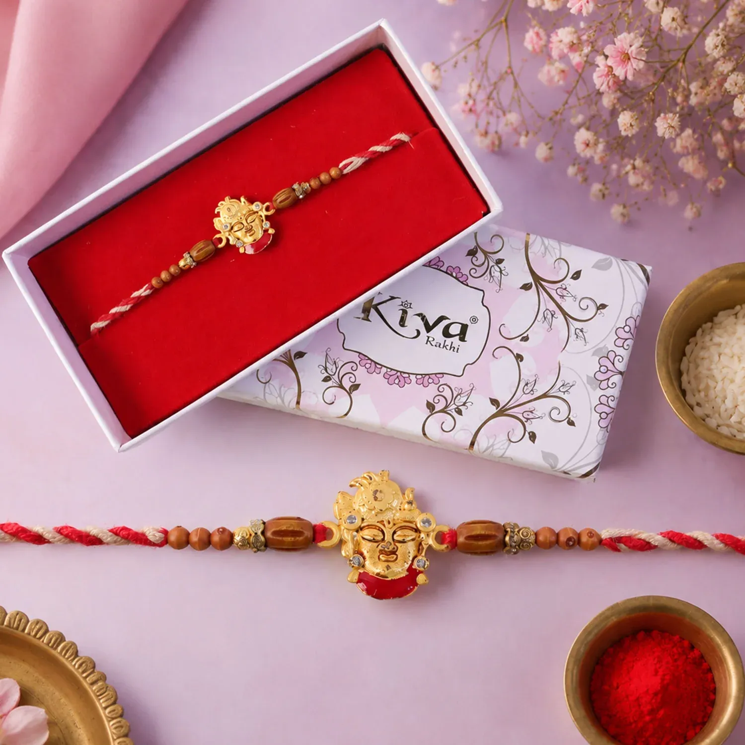 Premium Golden Shrinathji Face Rakhi with Red Enamel Detail, Sandalwood-Finish Beads - Buy Online at Alikart