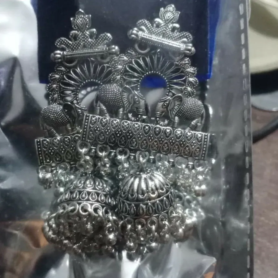 Oxidized Silver-Jhumka Earrings – Elegant Ethnic Statement - Detailed Feature View 4