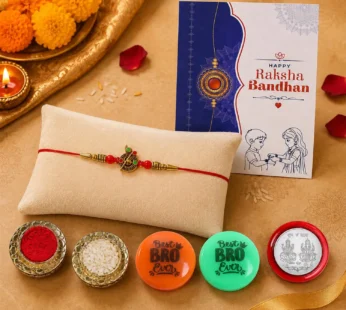 Rakhi Set for Brother (Set of 1) – Flute Design Rakhi Combo with Roli Chawal, Silver Color Pooja Coin, Multicolour Magnets and Greeting Card – Traditional Raksha Bandhan Gift Hamper for Bhai