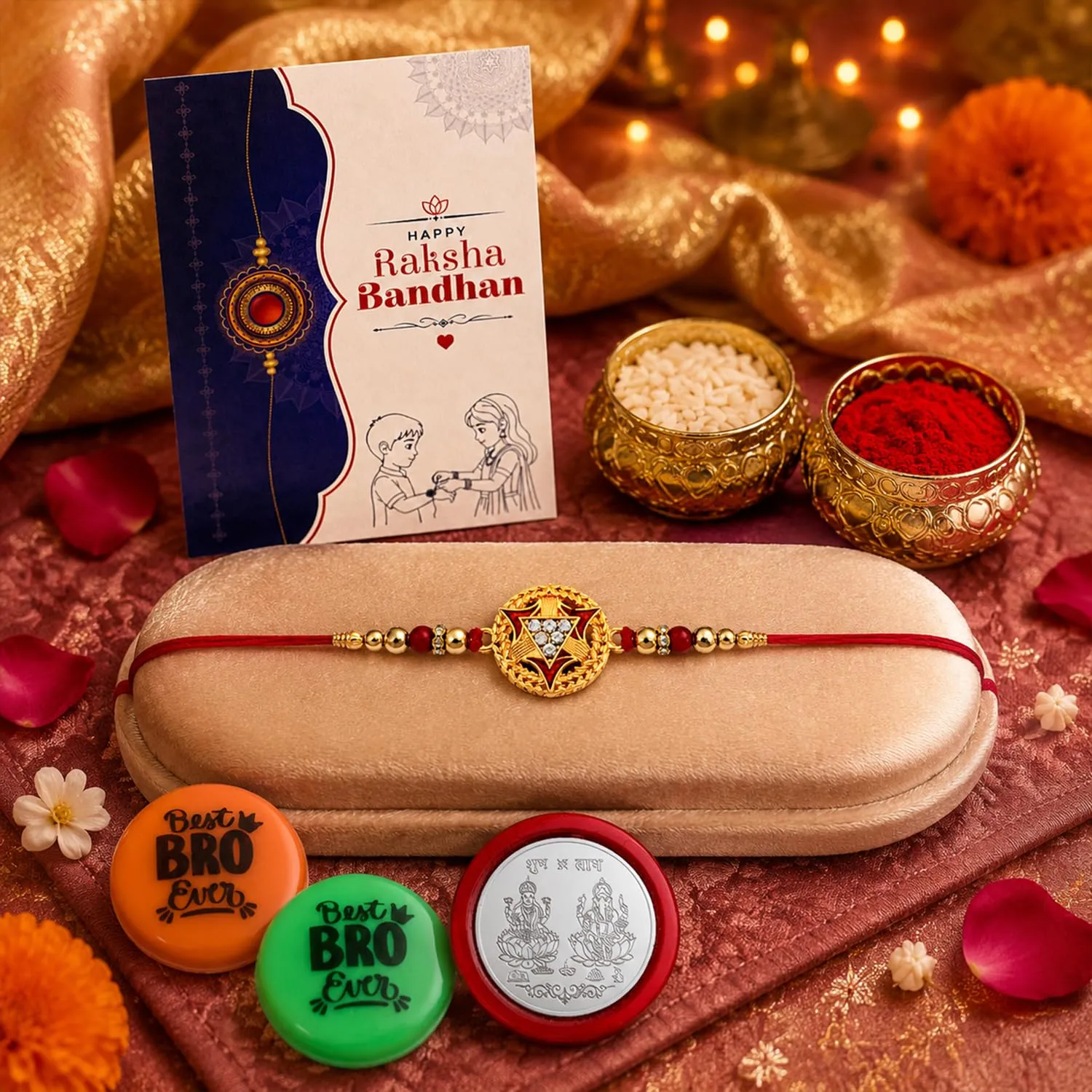 Premium Rakhi Set for Brother (Set of 1) – Round Shape Rakhi Combo with Roli Chawal, Silver Color Pooja Coin, Multicolour Magnets & Greeting Card – Traditional Raksha Bandhan Gift Hamper for Bhai - Buy Online at Alikart
