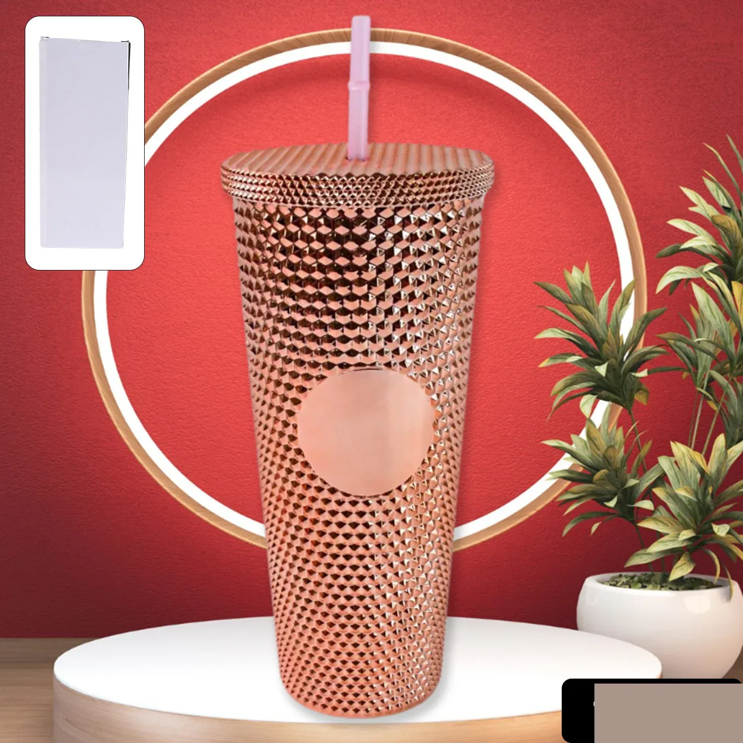 Studded Tumbler – Double Walled Cold Cup with Straw Lid - Detailed Feature View 1