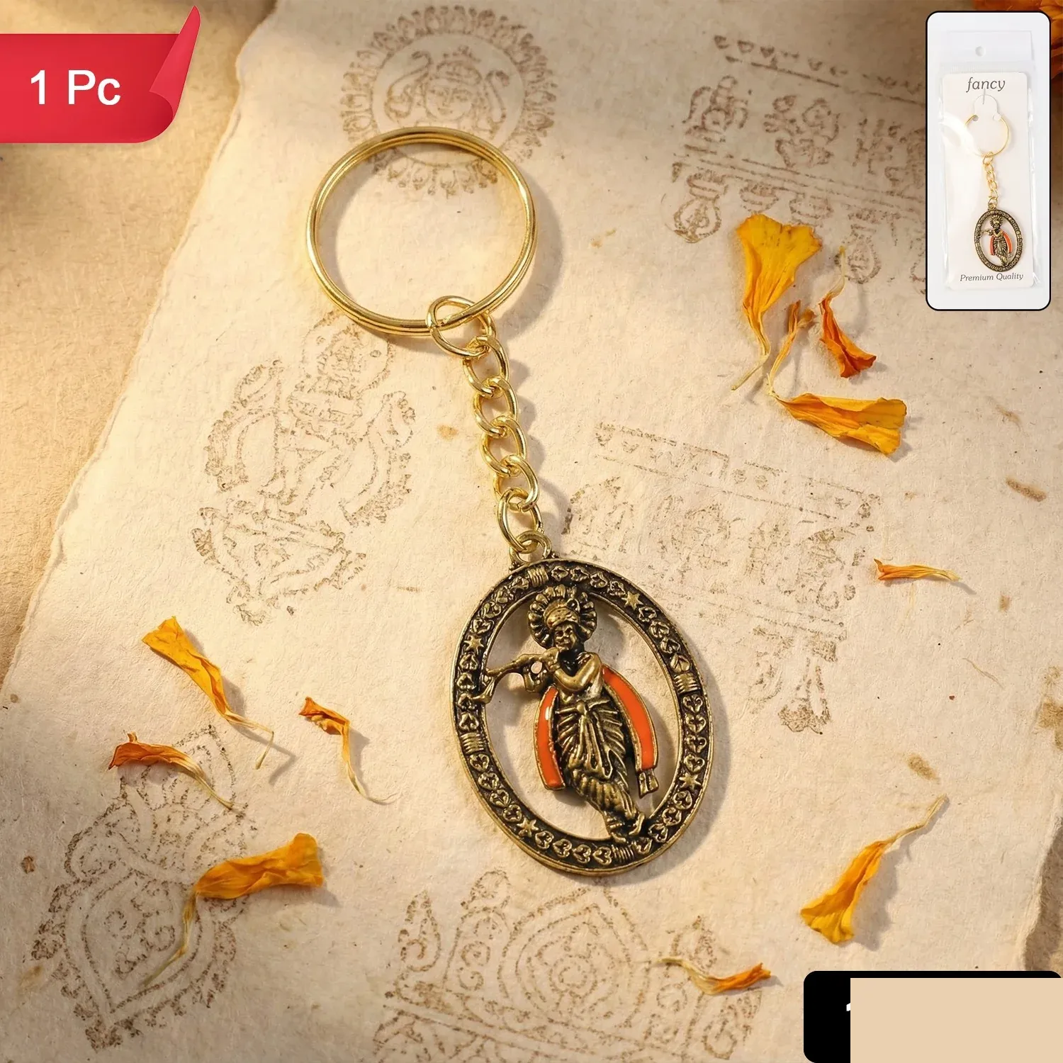 Lord Krishna Metal Keychain – Traditional Spiritual Accessory - Detailed Feature View 1